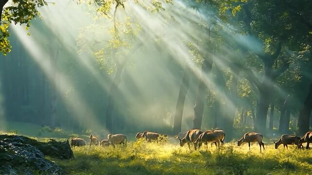 A tranquil gaur herd grazing in a clearing in the jungle. Nature and wildlife