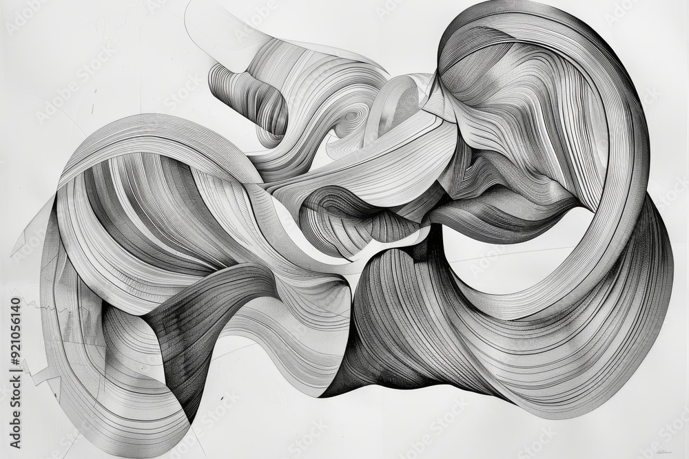 Fototapete A dynamic abstract image displaying a white and black swirl, illustrating movement and contrast in a minimalist style, Organically flowing lines that create movement, AI generated