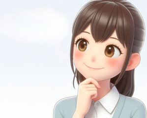 Japanese cartoon character, portrait of a young woman in 3D style design on light background. Human person feelings expression concept