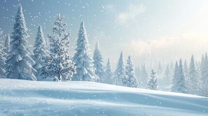 Obraz premium A serene winter background showcasing a snow-covered landscape with tall pine trees and gently falling snowflakes, evoking a sense of tranquility and the serene beauty of winter, perfect for holiday