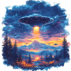 Sticker of a UFOs Descending in a Starry Sky in Playful Watercolor 