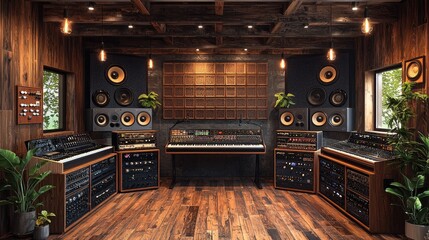 Modern music studio with soundproof walls bright lights and comfortable equipment. Concept Music Production, Soundproof Walls, Bright Lights, Comfortable Equipment, Modern Studio