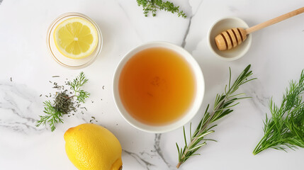 a wellness-themed setup with a cup of herbal detox tea, fresh herbs, a lemon wedge, and a small bowl of honey, placed on a white marble surface
