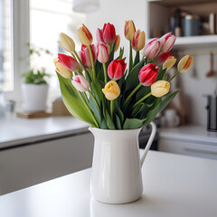 tulips in white jug in old interior style,Pink tulip bouquet in glass vase on a table in a bright living room with blue sofa.

