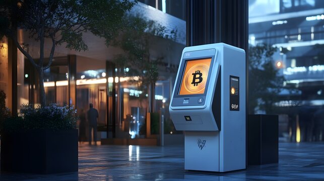 39. A futuristic Bitcoin ATM machine in a modern urban setting