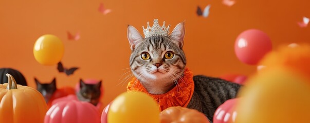 Fototapeta premium A cat wearing a tiara stands in front of a bunch of orange and pink balls. The cat is the main focus of the image, and the balls are scattered around it, creating a playful and whimsical atmosphere