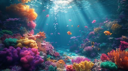 Obraz premium Vibrant Underwater Coral Reef with Colorful Fish and Sunbeams