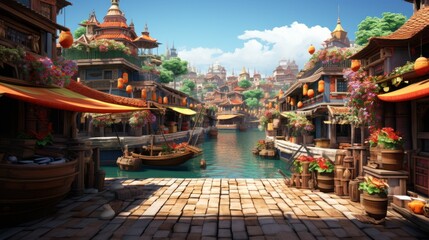 Obraz premium A picturesque view of a canal lined with quaint shops and colorful flowers in a bustling city.