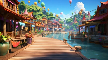 Obraz premium A picturesque scene of a colorful, cartoon-style waterfront village with wooden walkways, colorful houses, and hot air balloons.