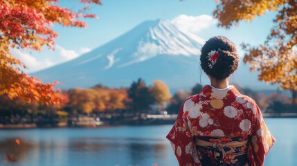 Fototapeta premium Woman in Kimono Admires Mount Fuji