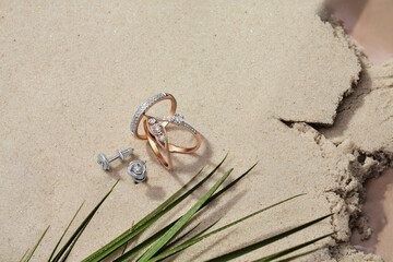 Elegant jewelry set with gemstone. Product still life. Ring, necklace, earrings.