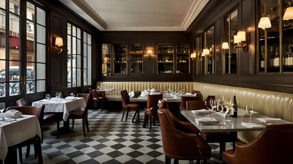 French, restaurant, ambiance, Paris, cozy, bistro, dim lighting, rustic, wooden tables