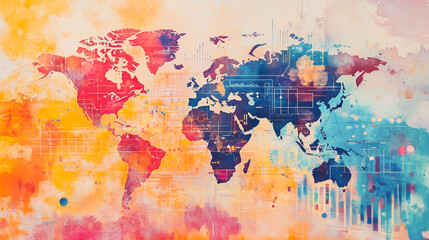 Naklejka premium watercolor of Abstract with pastel colorful charts and graphs with statistics to analyze business potential and forecast future development of companies growth. with word map.