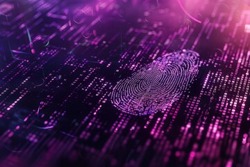 A detailed fingerprint stands out against a swirling digital landscape filled with glowing patterns and colors.