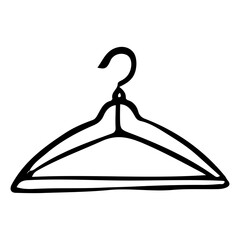Clothes hanger hand drawn doodle. Storing things in a closet. Laundry room. Cleaning the house. Vector outline line art illustration.