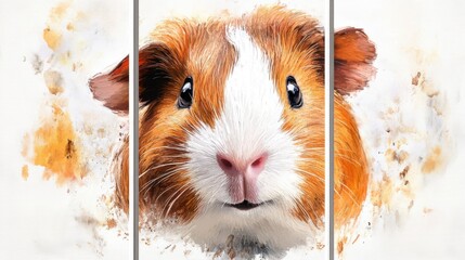Set of 3 wall art panels with endearing guinea pig portrait, painting, close up, split into three on white background 