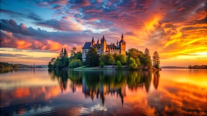 Obraz premium A Tapestry of Twilight: A Majestic Gothic Castle on a Serene Lake Generative AI