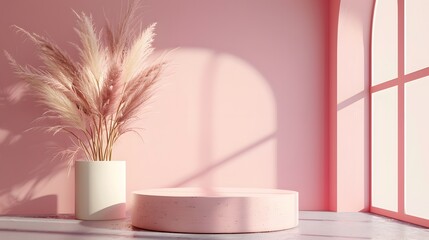 A pink room with a pink archway and pink flowers. The room is very bright and cheerful