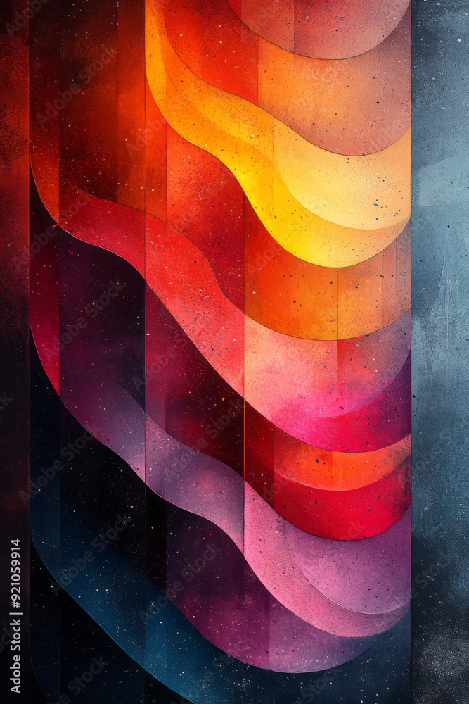 Poster an abstract design with freeform splashes of color that gently blend into curved lines and simple pa