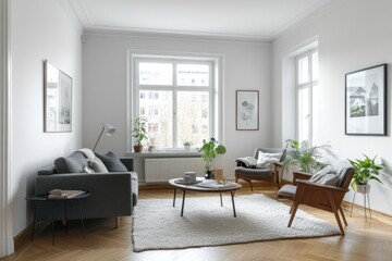Modern Living Room with Grey Sofa, Armchair, and White Rug