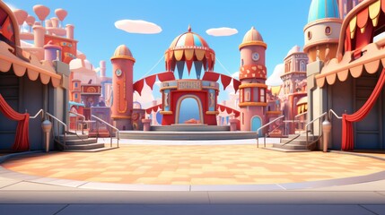 Cartoon town square with colorful buildings and a large empty stage.