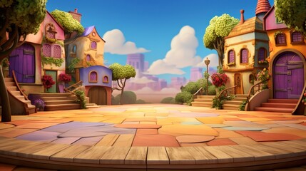 Cartoon town square with houses, trees, and a wooden platform.