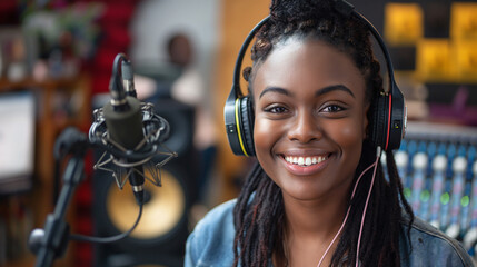 Smiling woman in recording studio and wearing headphone 