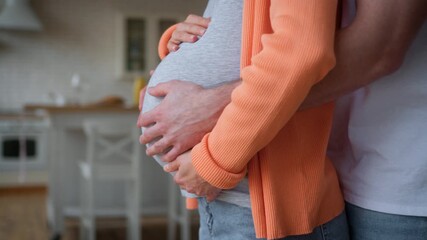 Artificial insemination medicine clinic gynecology insurance health happy couple man woman girl guy female male future parents family hugging stroking belly pregnant enjoy pregnancy smiling laughing