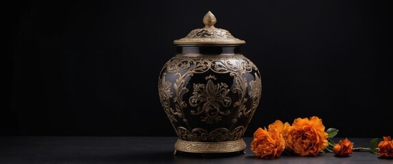 An ornate black urn with gold floral designs, accompanied by vibrant orange roses, symbolizing elegance and remembrance.