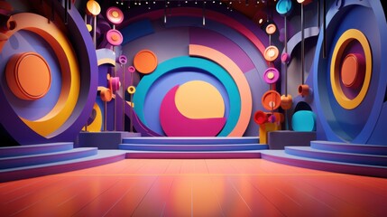 Colorful stage backdrop with geometric shapes and steps.