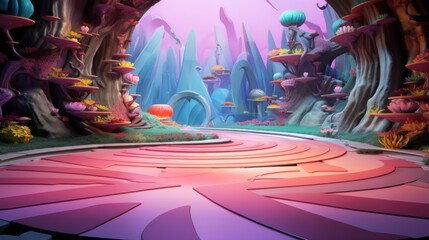 Colorful, futuristic landscape with a spiral walkway and glowing mushrooms.