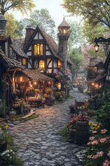 Fototapeta premium A 3D-rendered medieval village with cobblestone streets, thatched-roof houses, and detailed market stalls,