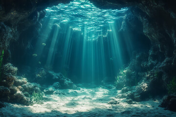 Obraz premium A 3D-rendered underwater cave with detailed rock formations, glowing marine life, and a sense of mystery,