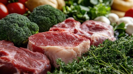 Nutrition. fresh cuts of meat, fish, eggs, bean and green broccoli, illustrating organic and nutritional options for health