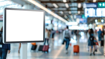 An empty white signboard in the foreground of a busy airport scene, where the blurred movement of people reflects the constant flow and activity typical of modern travel hubs.