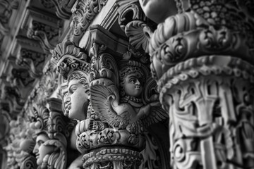 Fototapeta premium A close-up view of a blue statue adorned with vibrant flowers, showcasing intricate details and colors, Intricate details waiting to be discovered, AI generated