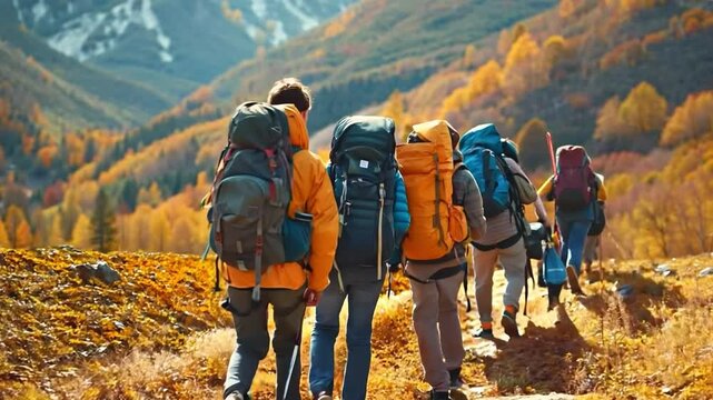 assemblage of youth travellers with bulky bags Walking in a row, ascending a mountain, and trekking in the outdoors