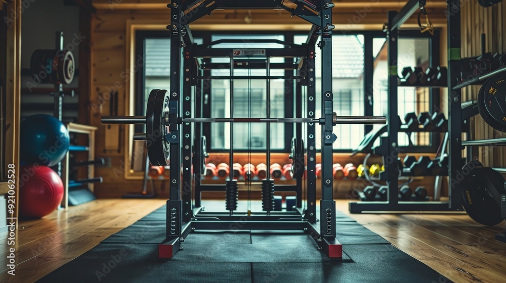 Sticker An isolated power rack, ready for a variety of strength training exercises including squats and bench presses.