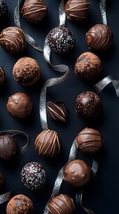 Obraz premium An array of chocolate truffles on a dark background, arranged in an aesthetically pleasing pattern with silver ribbon accents, shot from above for product photography