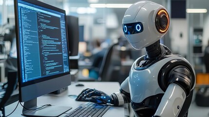 Business process automations A robot assistant working alongside a computer