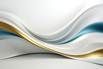 Abstract background with white, blue and gold curved shapes.