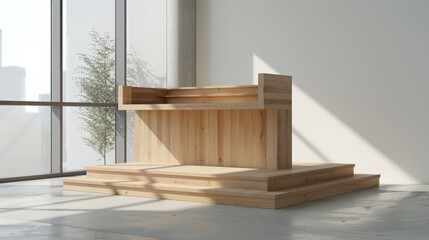 A versatile wooden podium with adjustable height and storage compartments, designed for convenience and functionality in various settings.