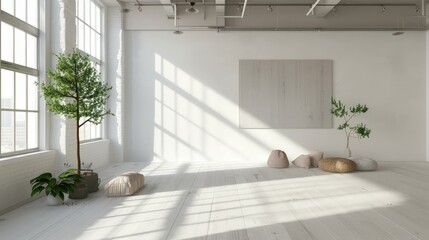 spacious loft with white walls and empty frame on the wall, mockup