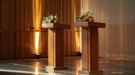 A versatile wooden podium with interchangeable panels, allowing customization to match different event themes and settings.