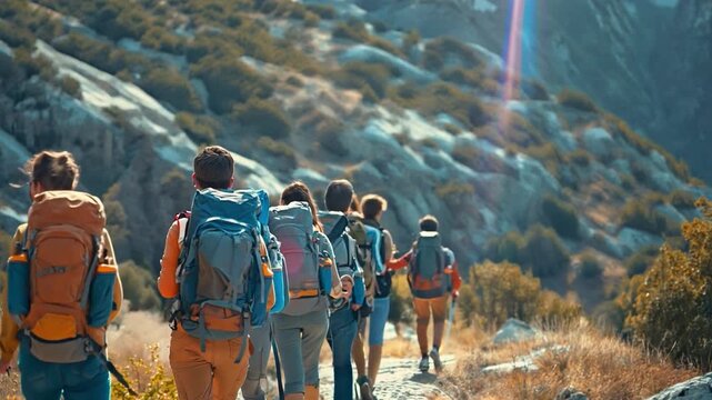 assemblage of youth travellers with bulky bags Walking in a row, ascending a mountain, and trekking in the outdoors