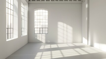 spacious loft with white walls and empty frame on the wall, mockup