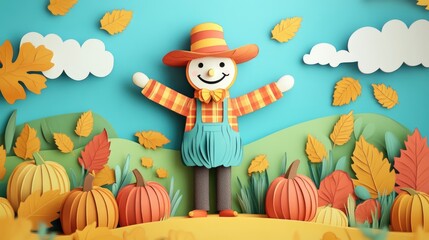 Fototapeta premium Colorful 3D Whimsical Autumn Harvest Scene in Paper Cut Style