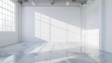 spacious loft with white walls and empty frame on the wall, mockup