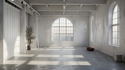 spacious loft with white walls and empty frame on the wall, mockup