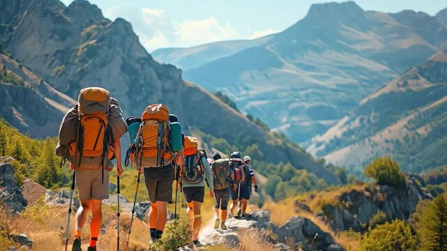 assemblage of youth travellers with bulky bags Walking in a row, ascending a mountain, and trekking in the outdoors